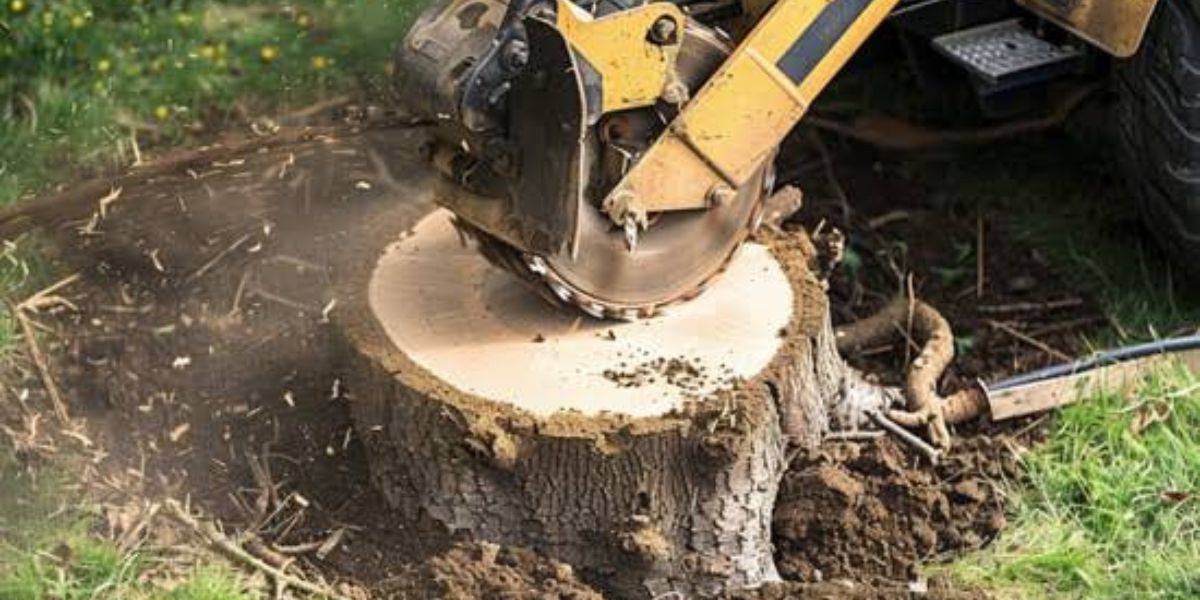 Understanding the Difference Between Stump Grinding and Stump Removal 1 Tree stump being removed with heavy equipment alongside a freshly ground stump for comparison | Stump Grinding vs. Removal